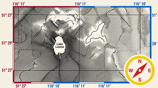 Halftone topographic map of Lake Louise with geographic coordinates, vintage compass rose, and pop art dotted terrain background