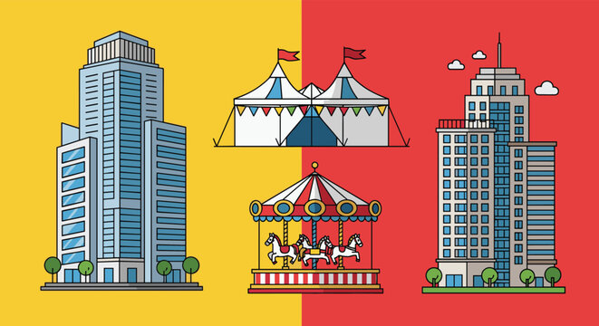 Illustration showing a contrast between modern city skyscrapers and a colorful traditional funfair with a carousel and circus tents.