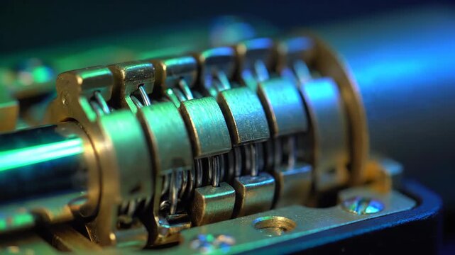 A close-up view of a metal object with shiny cylindrical components