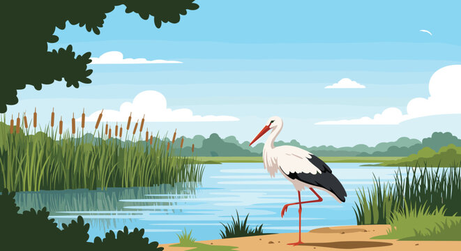 Graceful white stork standing on one leg in a tranquil marsh or wetland area surrounded by tall reeds and calm water.