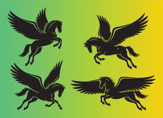 Fototapeta premium Four mythical pegasus silhouettes with wings spread in dynamic flying poses