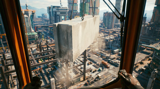 Crane operator cabin view of concrete slab suspended by cables above futuristic urban construction site and city skyline. Industrial infrastructure development heavy lift machinery and megacity