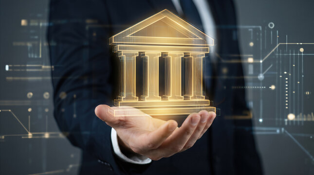 Businessman holding glowing digital wireframe bank building. Banking finance and financial institution technology for investment capital management and economic system security