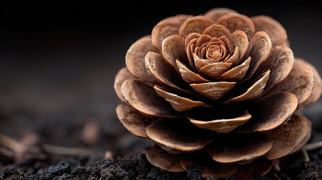 fibonacci. Extreme close-up of a pinecone on soil, focusing on its Fibonacci spiral pattern of scales. gardening catalogs, home-decor guides, designed for gardening and botanical catalogs.
