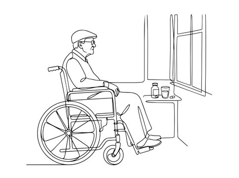Elderly man in wheelchair continuous one line drawing. Minimalist medical vector illustration