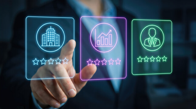 Businessman touching digital rating with company building growth chart and executive profile icons and star scores. Business performance evaluation corporate reputation and customer satisfaction