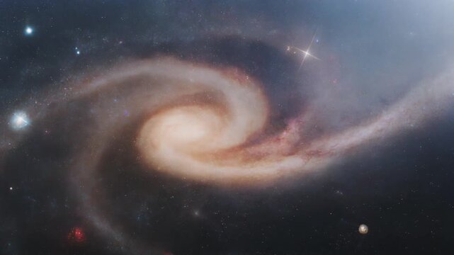 Cinematic spiral galaxy rotating in deep space with distant nebulae and shining stars, cosmic phenomenon, representing vastness, exploration