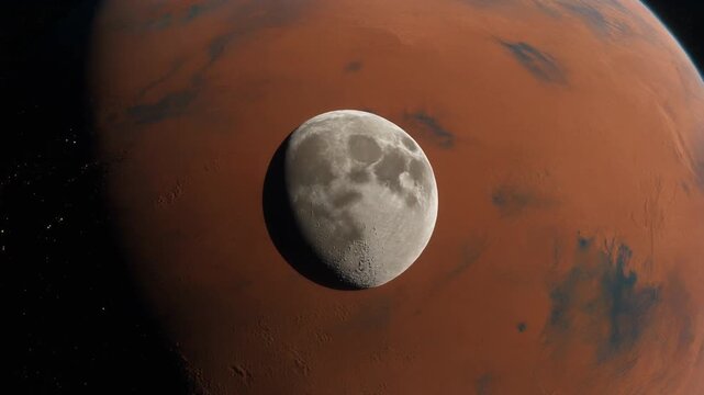 Cinematic orbital view of Mars with its moon Phobos drifting serenely in the foreground, illustrating cosmic exploration and planetary discovery