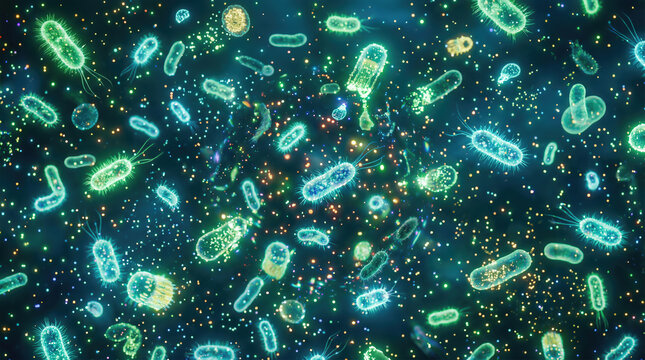 Glowing bacteria and microorganisms floating in fluid under microscope. Microbiology science research of bacterial cells and pathogens. Medical health infection and biotech pharmaceutical study