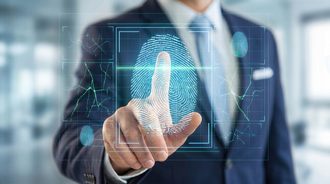 Biometric fingerprint scan and digital identity verification technology. Businessman authentication for secure access and personal data protection. Cyber security and forensic identification system