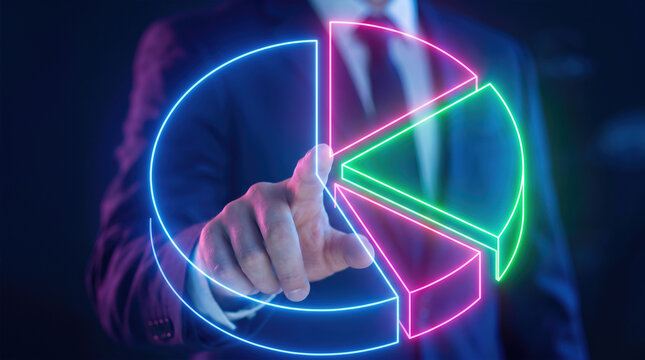 Businessman touching glowing pie chart segments on virtual interface. Business financial data analytics market share distribution kpi performance metrics and corporate investment portfolio breakdown