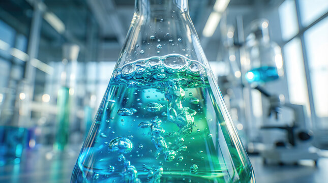 Glass erlenmeyer flask with bubbling liquid chemical solution in modern science laboratory with microscope background. Chemistry research pharmaceutical biotechnology experiment and reaction analysis