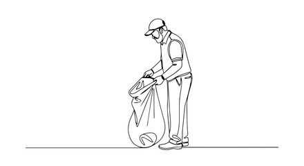 Obraz premium Man holding large trash bag for waste collection. One line drawing vector illustration. Minimalist spring cleaning concept. Continuous line art isolated on white