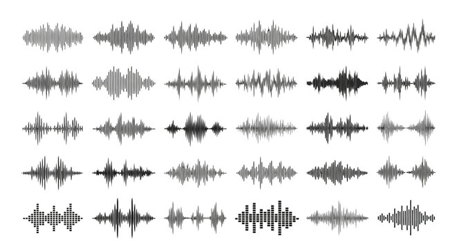 Collection of various grayscale sound wave patterns on a white background
