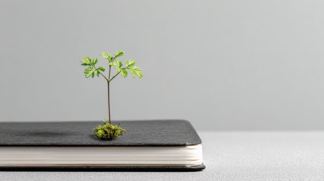 A tiny tree growing out of a closed book, symbolizing knowledge and growth. The book is black, and the scene is simple and minimalist. 