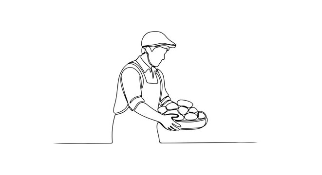 Man holding a basket of produce. One line drawing illustration. Farmer or baker concept. Minimalist vector graphic isolated on white