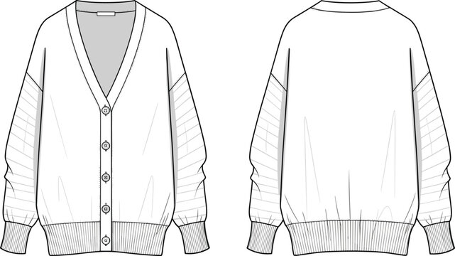 Women oversized cardigan technical flat sketch front and back view with button closure ribbed cuffs hem relaxed fit apparel design