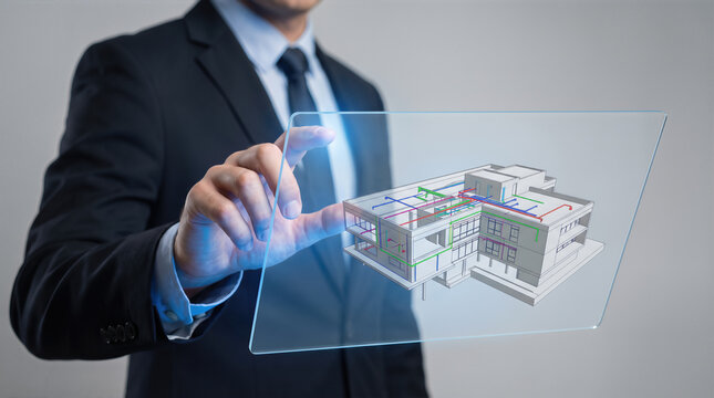 Businessman touching digital panel with bim house displaying mep pipe and duct systems. Architecture engineering building design visualization and smart construction planning for residential