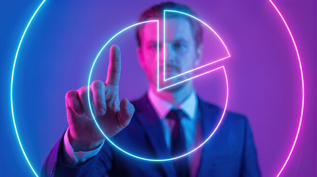 Businessman pointing finger into glowing pie chart segment on studio background. Business financial data analytics market share distribution kpi performance metrics and corporate investment portfolio