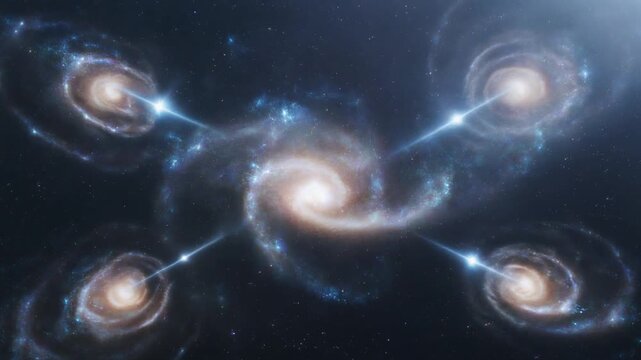 Cinematic aerial view of swirling celestial galaxies and brilliant nebulae in deep space, with pulsating light beams connecting outer formations