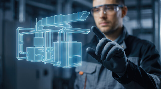 Industrial engineer with safety goggles and gloves touching floating wireframe machine in factory. Augmented reality cad engineering design and smart manufacturing maintenance visualization