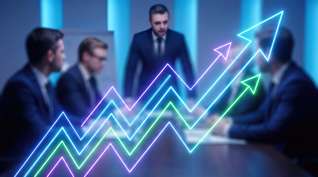 glowing multiple growth arrows overlay on blurred boardroom business team meeting at conference table. Corporate financial performance kpi uptrend strategy and investment revenue planning discussion