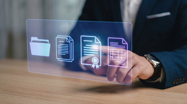 Businessman touching glowing virtual panel with folder document certificate and spreadsheet file icons on office desk. Digital management workflow classification compliance contract and paperless