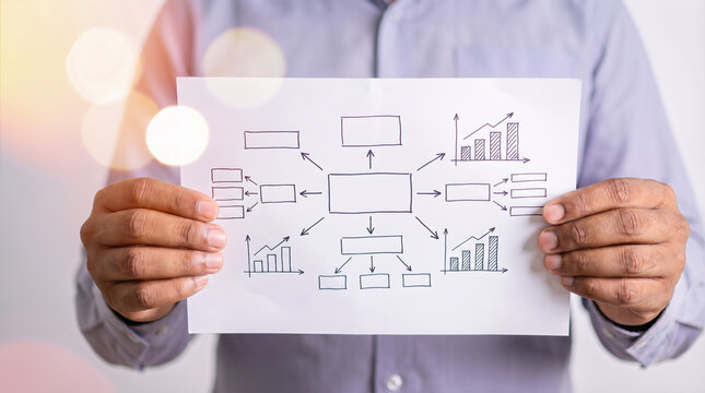 Person holding white paper with hand drawn business flowchart mindmap connecting boxes arrows and bar charts. Strategy planning workflow process organization and corporate management framework diagram