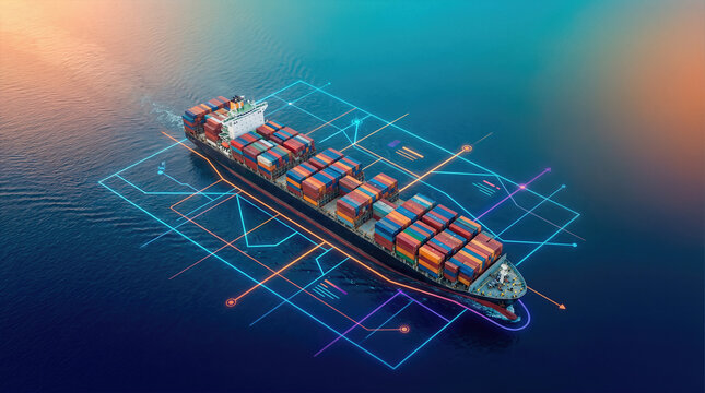 Aerial view of container cargo ship on ocean with digital network route overlay. Smart maritime logistics and global shipping technology for international trade freight and supply chain distribution