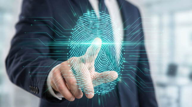 Businessman touching large glowing digital fingerprint with circuit interface. Biometric security identity authentication and cybersecurity access control technology for corporate data protection