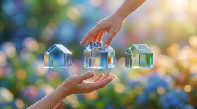 Hands selecting glass house floating above palm. Real estate property selection home ownership transfer and residential housing market investment for buying selling and mortgage deal