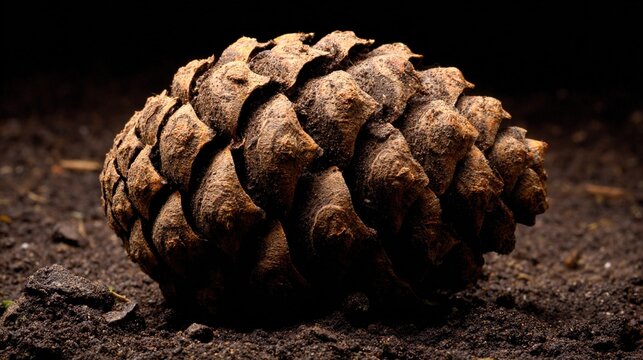 fibonacci. Extreme close-up of a pinecone on soil, focusing on its Fibonacci spiral pattern of scales. gardening catalogs, home-decor guides, designed for gardening and botanical catalogs.