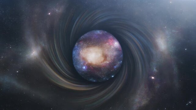 Gravitational vortex, swirling accretion disk around a luminous black hole in deep space with nebulae and distant stars, symbolizing cosmic mystery