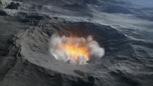Cinematic asteroid impact event, meteor streaking across desolate lunar landscape, explosion craters forming, dramatic space scene