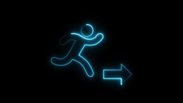 Glowing neon running man with arrow pointer animation isolated on black background