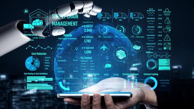 AI controls supply chain systems with virtual assistant monitoring, route optimization, and artificial intelligence for procurement, delivery, and warehouse tracking. Thunk