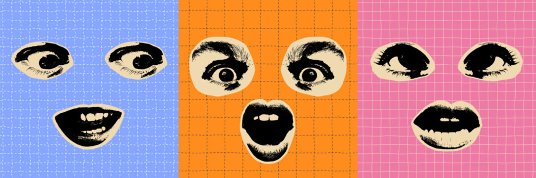 Retro photocopy effect face with eyes and open mouth. Collage pop-art design