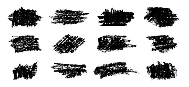 Black charcoal strokes collection. Grunge hand drawn textures made with oil pastel pencil.