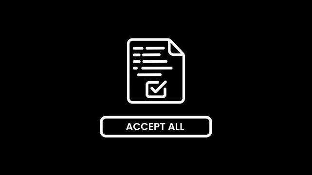 Accept all cookie document animation isolated on black background