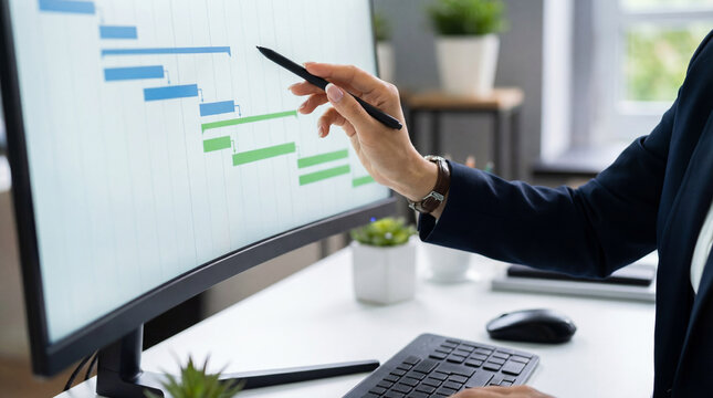 Business professional pointing at gantt chart project schedule with pen stylus on curved monitor at office desk. Management timeline task planning and workflow tracking software for strategy
