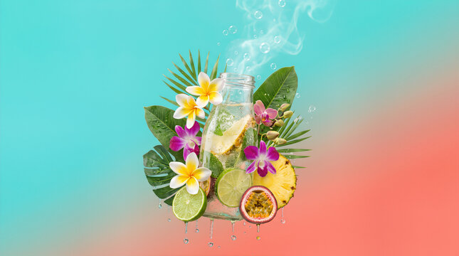 Tropical cocktail jar surrounded by exotic flowers lime pineapple and passionfruit with palm leaves bubbles and splash. Fresh summer fruit drink and botanical beverage composition for bar menu
