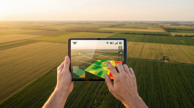 Farmer using tablet for precision agriculture drone crop monitoring