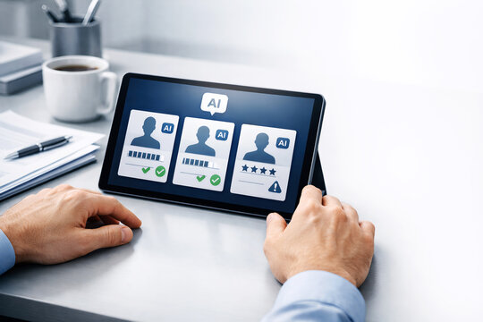 Business professional reviewing AI candidate profiles on a tablet