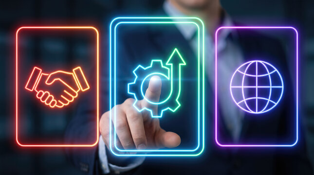 Businessman touching digital with gear and growth arrow beside handshake partnership and globe icons. Business strategy global technology innovation and international for corporate development