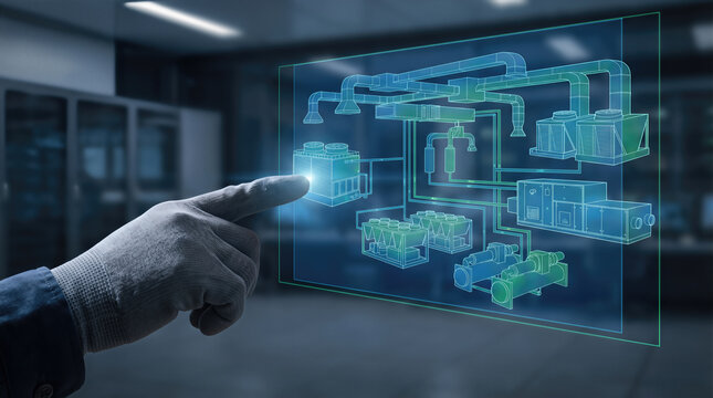 Gloved hand pointing at digital wireframe hvac system with pipes chillers and mechanical units. Smart building management and industrial engineering visualization for energy facility infrastructure