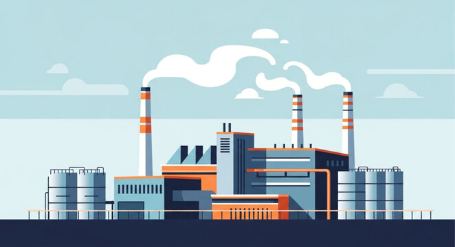 Industrial factory with smoke stacks and storage tanks illustration.