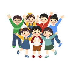 Obraz premium Group Of Kids Celebrating Together While Raising Hands And Showing Joyful Expression
