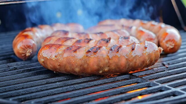 Delicious Sausages Grilling on a Hot Barbecue Grill with Smoke Rising.