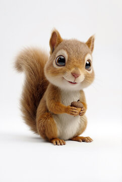 Cartoon squirrel with expressive big eyes sits on a white background, holding a small brown acorn with its tiny paws, evoking a sense of innocent joy and whimsical harvest charm.