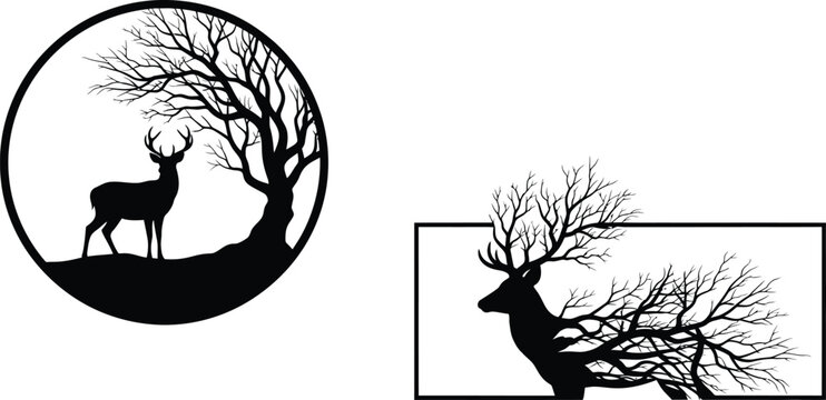 Deer and tree silhouette within a circular frame black and white